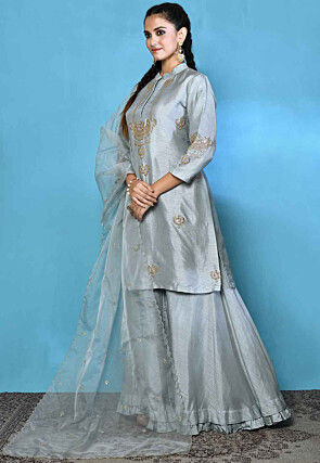 Embroidered Pure Silk Pakistani Suit in Grey