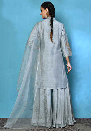 Embroidered Pure Silk Pakistani Suit in Grey