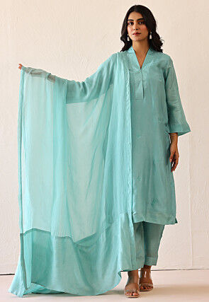 Embroidered Pure Silk Pakistani Suit in Light Blue