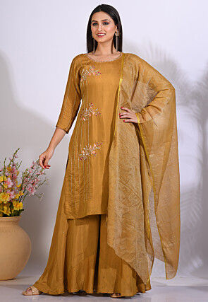 Embroidered Pure Silk Pakistani Suit in Mustard
