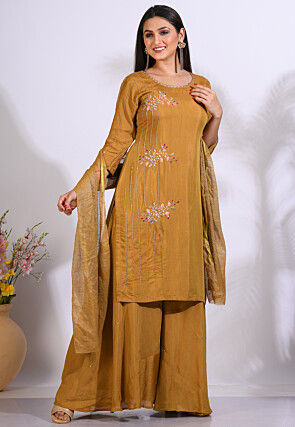 Embroidered Pure Silk Pakistani Suit in Mustard