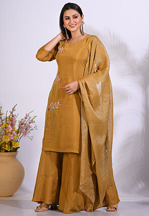 Embroidered Pure Silk Pakistani Suit in Mustard