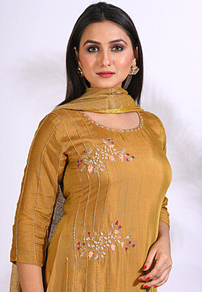 Embroidered Pure Silk Pakistani Suit in Mustard