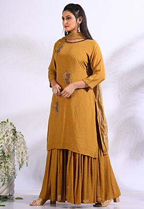 Embroidered Pure Silk Pakistani Suit in Mustard