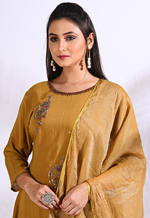 Embroidered Pure Silk Pakistani Suit in Mustard