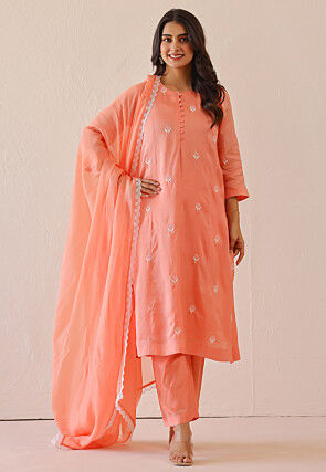 Embroidered Pure Silk Pakistani Suit in Orange