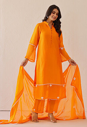 Embroidered Pure Silk Pakistani Suit in Orange