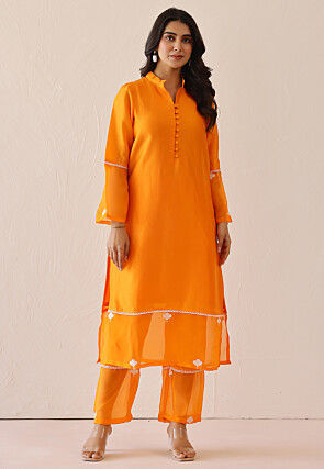 Embroidered Pure Silk Pakistani Suit in Orange