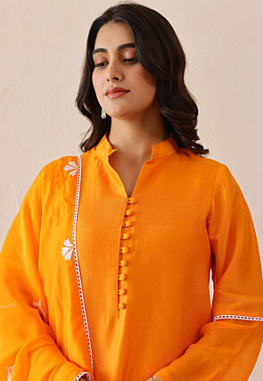 Embroidered Pure Silk Pakistani Suit in Orange