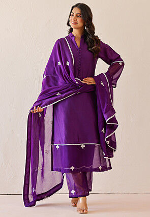 Embroidered Pure Silk Pakistani Suit in Purple