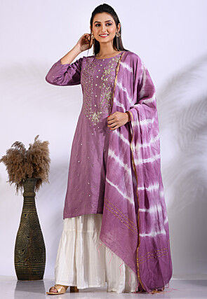Embroidered Pure Silk Pakistani Suit in Purple