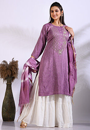 Embroidered Pure Silk Pakistani Suit in Purple
