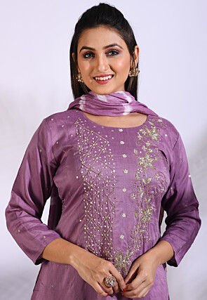 Embroidered Pure Silk Pakistani Suit in Purple