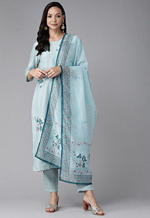 Embroidered Pure Silk Pakistani Suit in Sky Blue