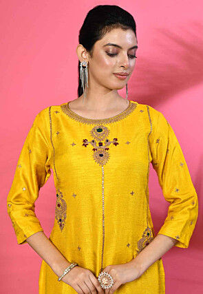 Embroidered Pure Silk Pakistani Suit in Yellow