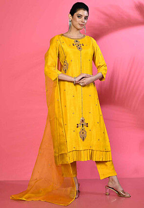 Embroidered Pure Silk Pakistani Suit in Yellow