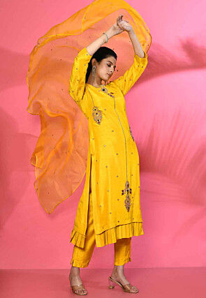 Embroidered Pure Silk Pakistani Suit in Yellow