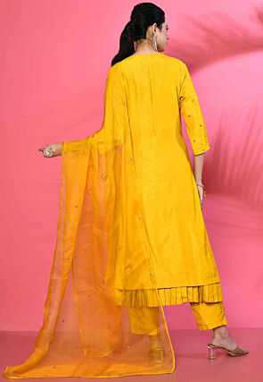 Embroidered Pure Silk Pakistani Suit in Yellow