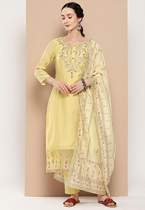 Embroidered Pure Silk Pakistani Suit in Yellow