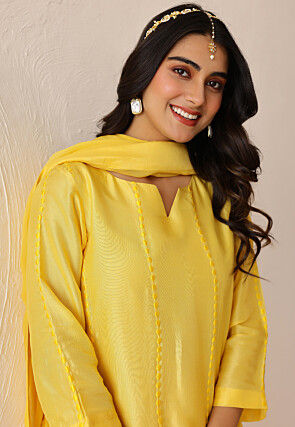 Embroidered Pure Silk Pakistani Suit in Yellow