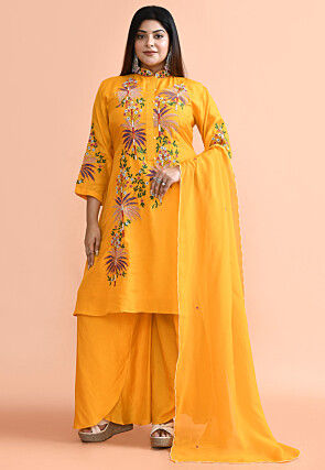 Embroidered Pure Silk Pakistani Suit in Yellow