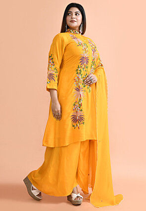 Embroidered Pure Silk Pakistani Suit in Yellow