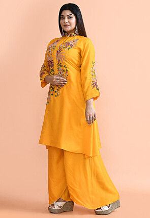 Embroidered Pure Silk Pakistani Suit in Yellow