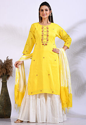 Embroidered Pure Silk Pakistani Suit in Yellow