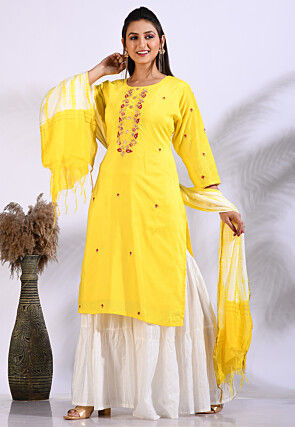 Embroidered Pure Silk Pakistani Suit in Yellow