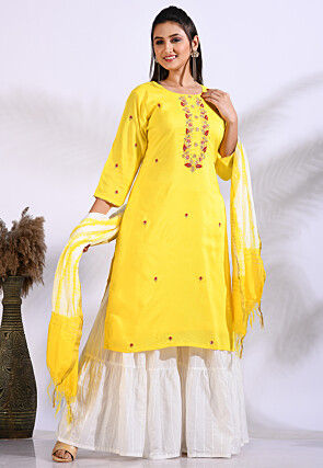 Embroidered Pure Silk Pakistani Suit in Yellow