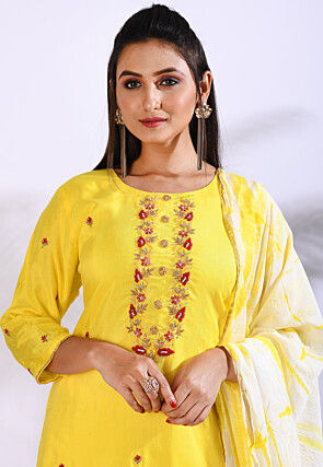 Embroidered Pure Silk Pakistani Suit in Yellow