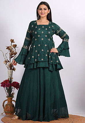 Embroidered Pure Silk Peplum Top Set in Dark Green