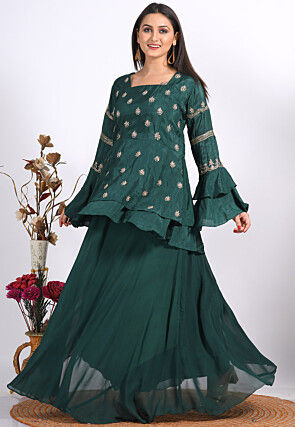 Embroidered Pure Silk Peplum Top Set in Dark Green