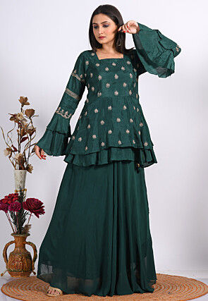 Embroidered Pure Silk Peplum Top Set in Dark Green