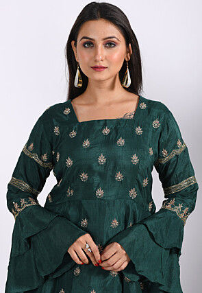 Embroidered Pure Silk Peplum Top Set in Dark Green