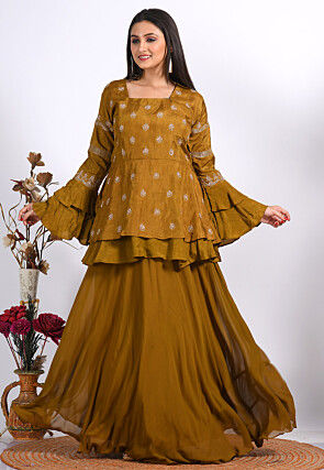 Embroidered Pure Silk Peplum Top Set in Mustard