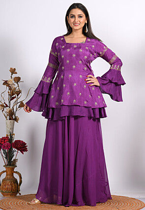 Embroidered Pure Silk Peplum Top Set in Purple