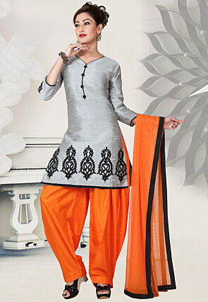 Embroidered Pure Silk Punjabi Suit in Light Grey