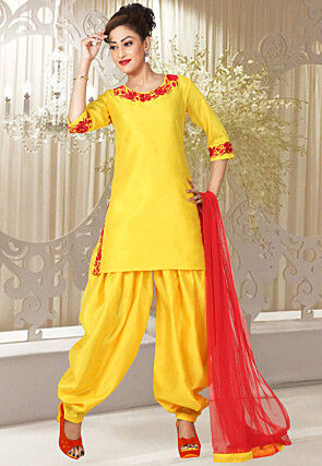 Embroidered Pure Silk Punjabi Suit in Yellow