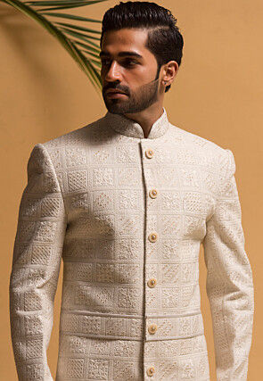 Embroidered Pure Silk Sherwani in Cream