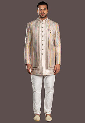 Embroidered Pure Silk Sherwani in Light Beige