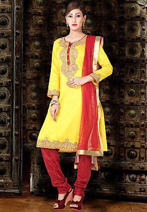Embroidered Pure Silk Straight Suit in Yellow