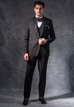 Embroidered Pure Terry Rayon Tuxedo Set in Black