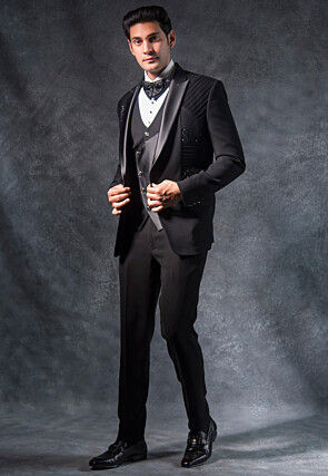 Embroidered Pure Terry Rayon Tuxedo Set in Black