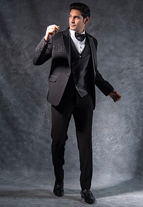 Embroidered Pure Terry Rayon Tuxedo Set in Black