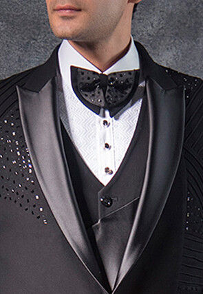 Embroidered Pure Terry Rayon Tuxedo Set in Black