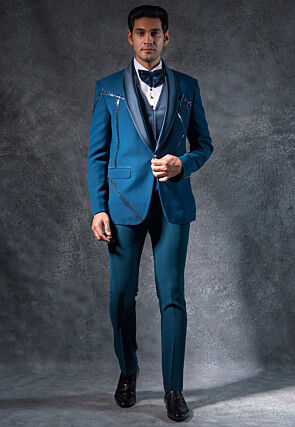 Embroidered Pure Terry Rayon Tuxedo Set in Teal Blue