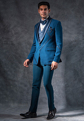 Embroidered Pure Terry Rayon Tuxedo Set in Teal Blue