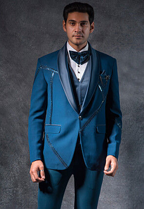 Embroidered Pure Terry Rayon Tuxedo Set in Teal Blue