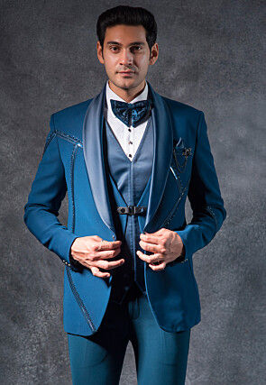 Embroidered Pure Terry Rayon Tuxedo Set in Teal Blue